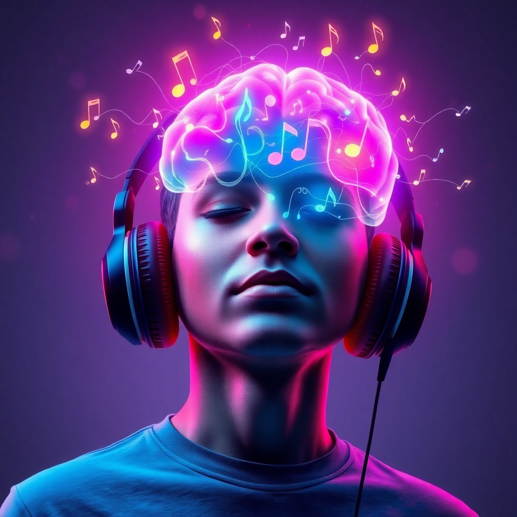 AI listening to music with a glowing brain, representing music personalization.