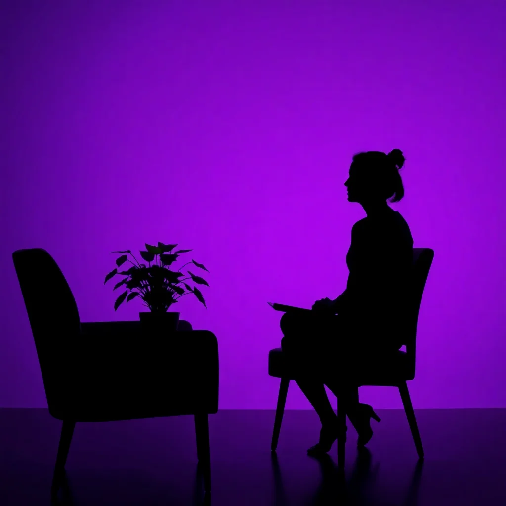 Silhouette of a person in a chair in a purple-lit room