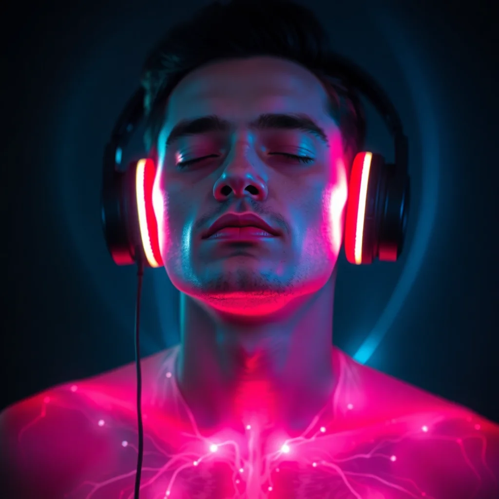 Man wearing headphones with neon lights